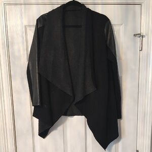 Bailey 44 Black Draped Open-Front Cardigan with Faux Leather Sleeves